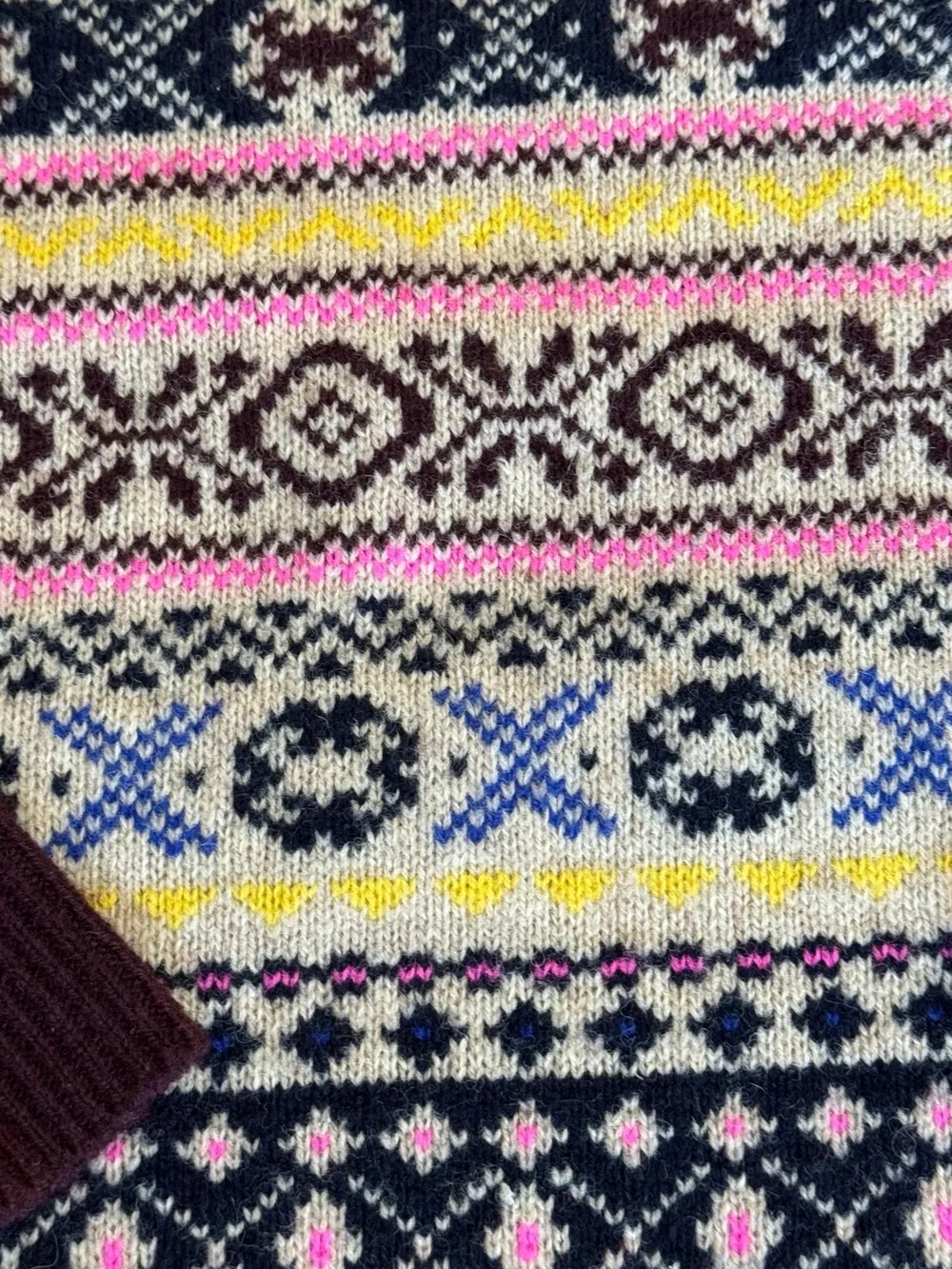 J. Crew Fair Isle Crewneck Sweater in Burgundy, Pink and Yellow